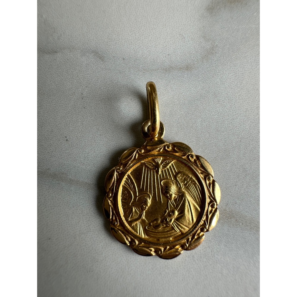 18K Yellow Gold Ricordo Del Battesimo Baptismal Medal Pendant Italy 750‎ 2.2g